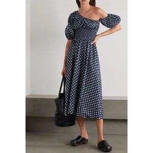 La Ligne Julia One Shoulder Polka Dot Puff‎ Sleeve Dress Navy White Midi Medium
